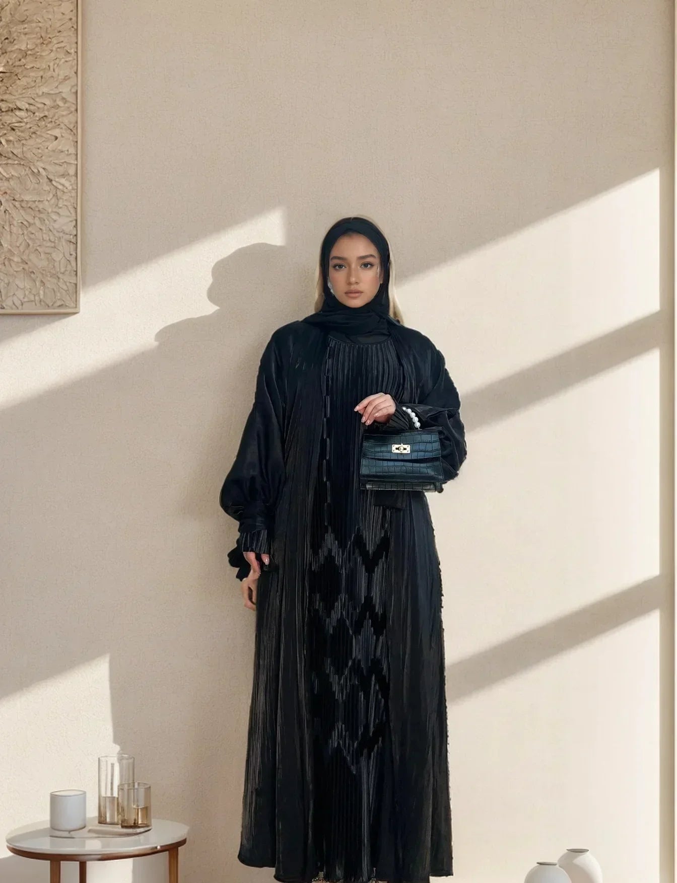 LM016 Modest Bubble Sleeves Abaya Two-Piece Set | Elegant Islamic Dres   LumosModesty