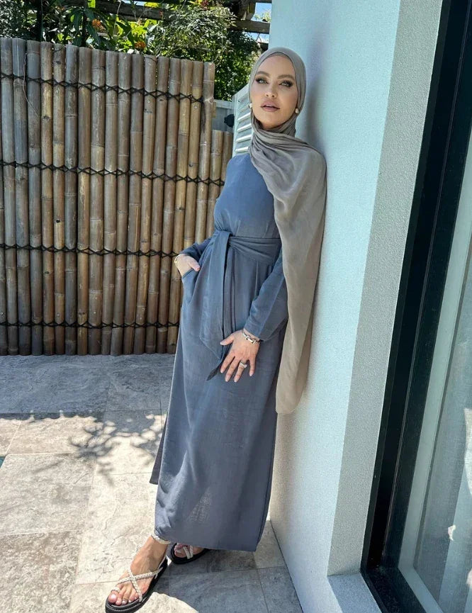 Summer Abaya Dress with Tie Waist LM101 Linen Cotton Blend LumosModesty Summer Abaya Dress with Tie Waist LM101 Linen Cotton Blend LumosModesty