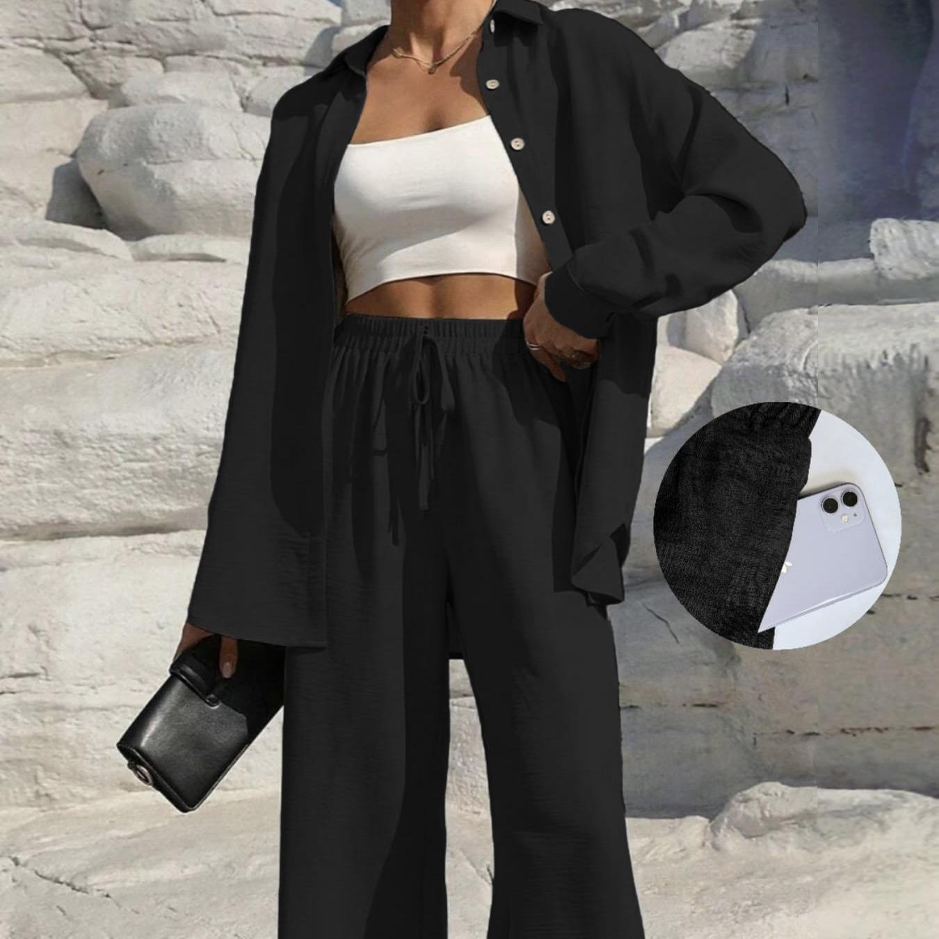 LM131 Women’s Solid Button Front Shirt& Tie Front Wide Leg Pants With Pocket Tow-piece Set