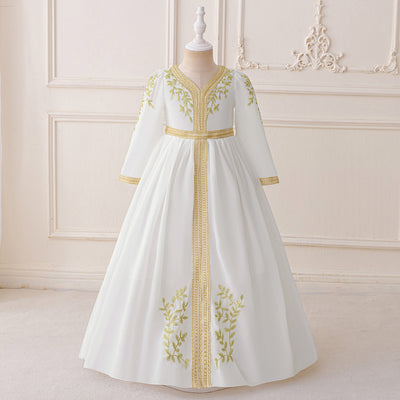 LM209 Girls Eid Dress – Long Sleeve Modest Muslim Party Gown, Embroidered, Full Length (4–7Y)