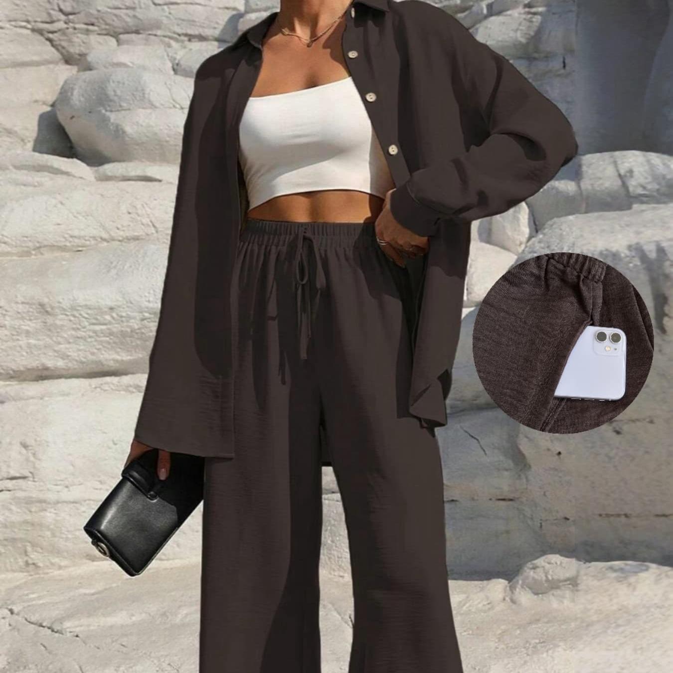 LM131 Women’s Solid Button Front Shirt& Tie Front Wide Leg Pants With Pocket Tow-piece Set