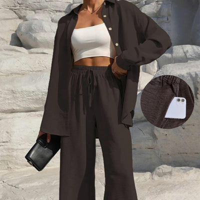 LM131 Women’s Solid Button Front Shirt& Tie Front Wide Leg Pants With Pocket Tow-piece Set