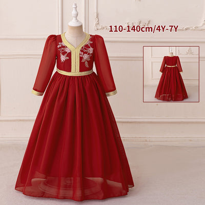 LM210 Girls Eid Dress – Long Sleeve Modest Muslim Party Gown, Embroidered, Full Length (4–7Y)