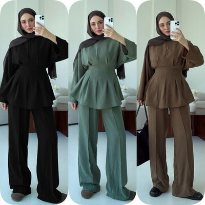 LM307 Ice Silk Two-Piece Set – Peplum Tunic & Wide Leg Pants Modest Outfit