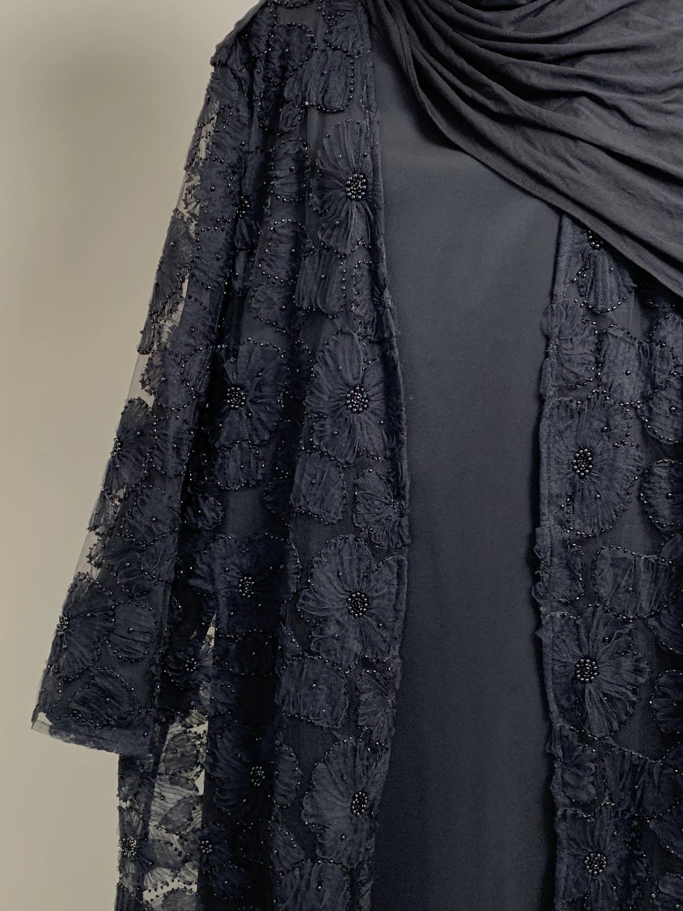 LM126 Elegant 3-Piece Pearl Beaded Abaya Set – Floral Kimono, Inner Dress & Matching Scarf - LM126-black-S LumosModesty