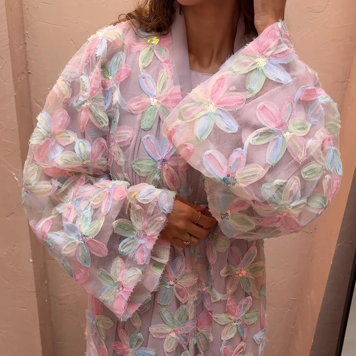 LM128 Lightweight Floral Kimono Abaya – Pastel Modest Summer Dress - LM128-Candy-S LumosModesty