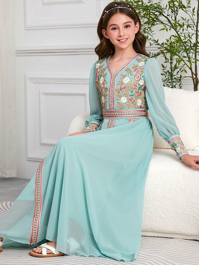 LM218 Girls Eid Dress – Embroidered V-Neck, Long Sleeve Modest Party Gown (8–12Y)
