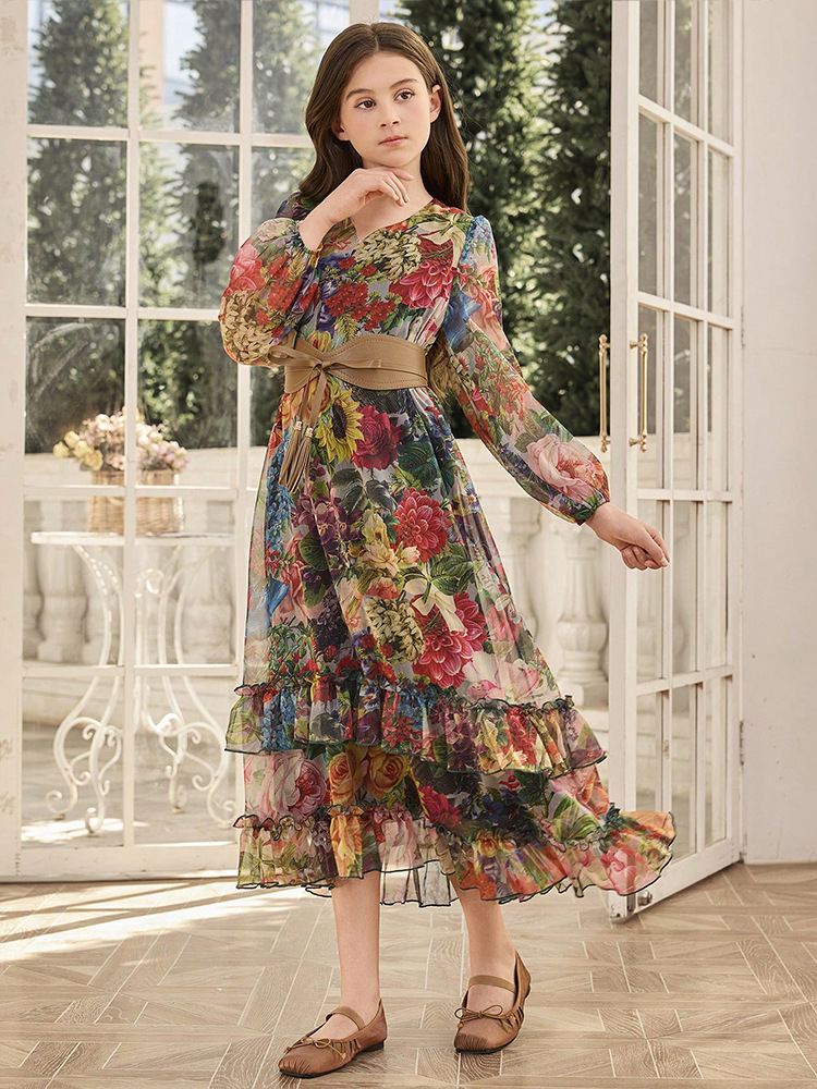 LM346 Girls Floral Chiffon Maxi Dress