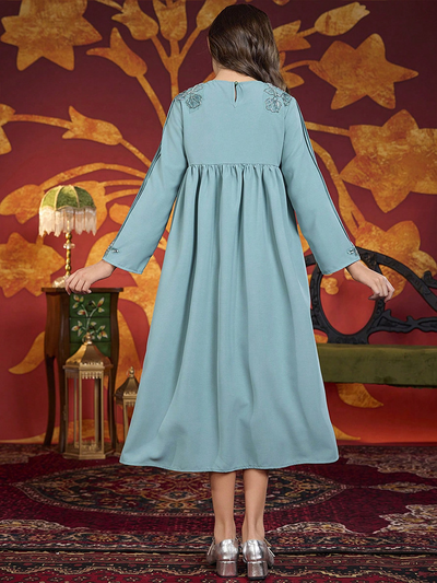 LM219 Girls Eid Dress – Embellished V-Neck, Long Sleeve Modest Party Gown (8–12Y)