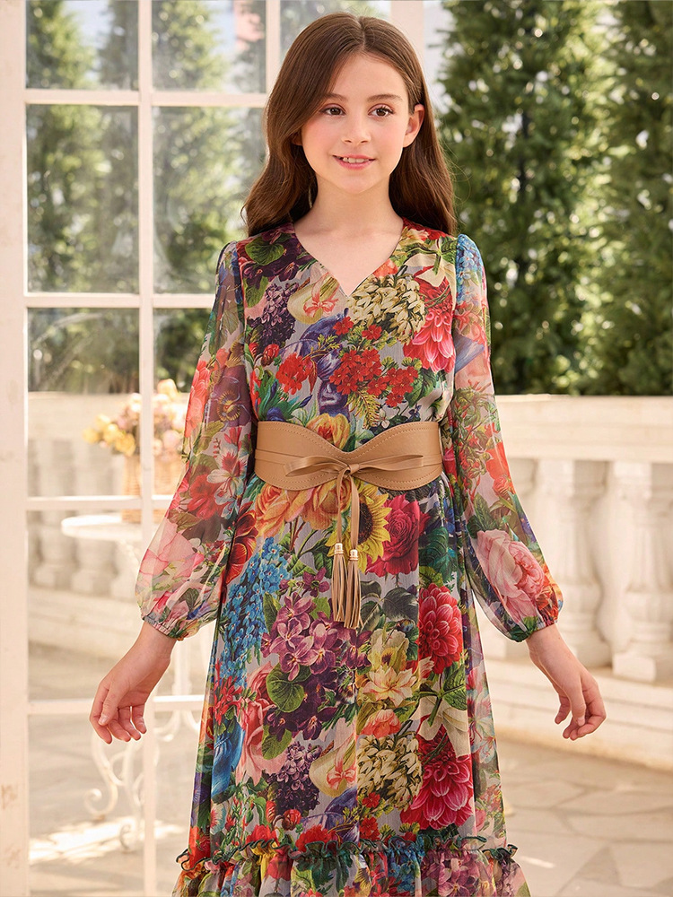 girls floral long sleeve dress LM346 Girls Floral Chiffon Maxi Dress