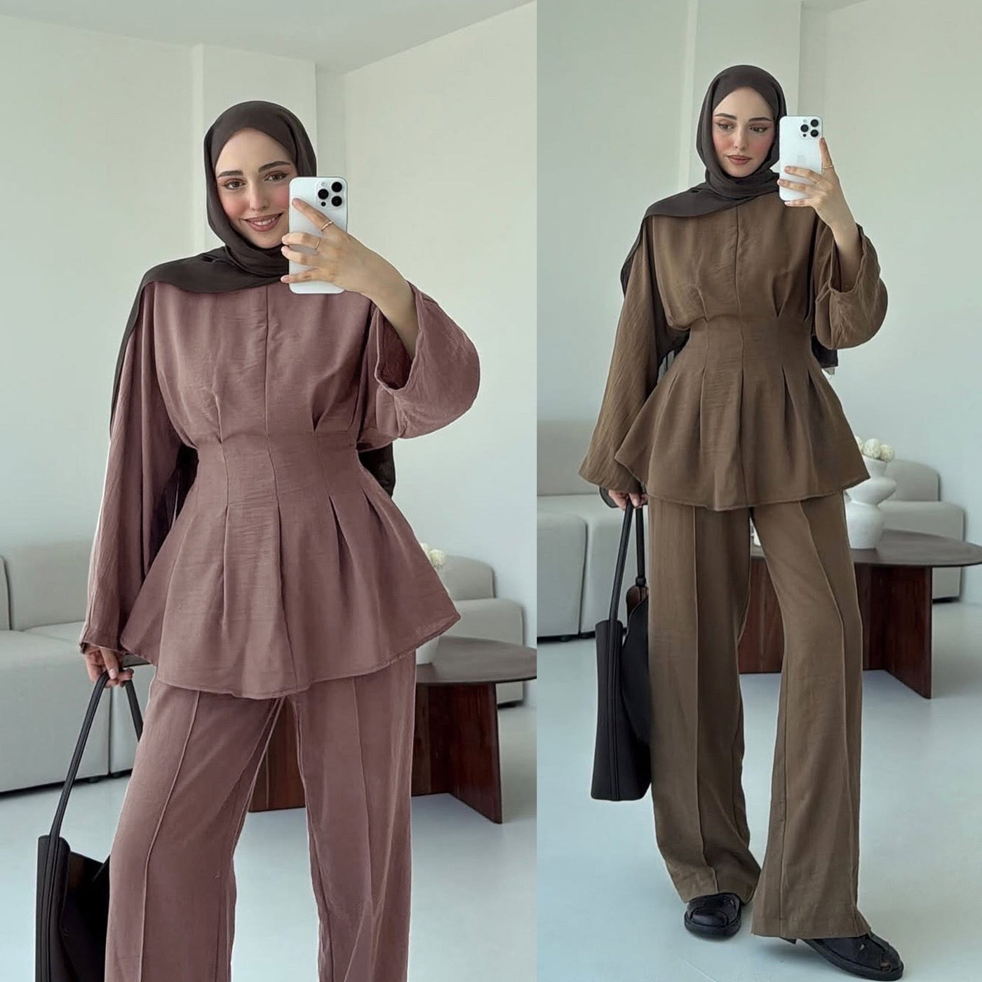 LM307 Ice Silk Two-Piece Set – Peplum Tunic & Wide Leg Pants Modest Outfit