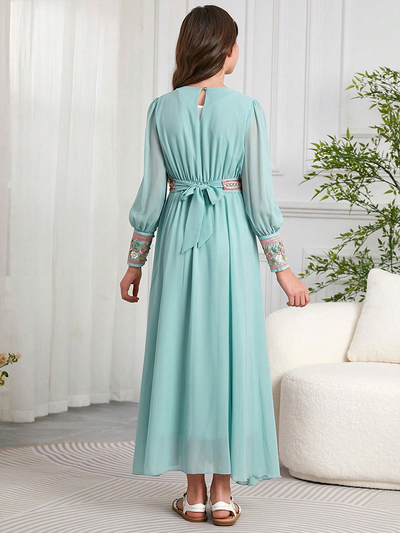 LM218 Girls Eid Dress – Embroidered V-Neck, Long Sleeve Modest Party Gown (8–12Y)