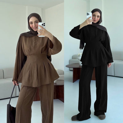 LM307 Ice Silk Two-Piece Set – Peplum Tunic & Wide Leg Pants Modest Outfit