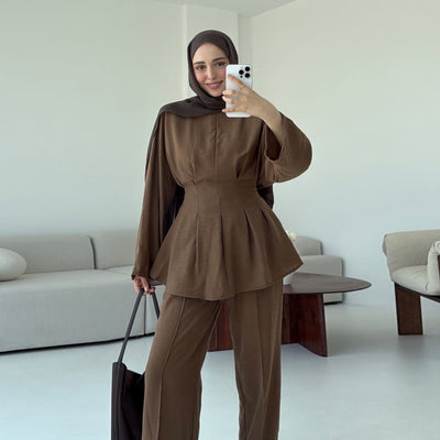 LM307 Ice Silk Two-Piece Set – Peplum Tunic & Wide Leg Pants Modest Outfit