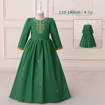 LM208 Girls Eid Dress – Long Sleeve Modest Muslim Party Gown, Embroidered, Full Length (4–7Y)