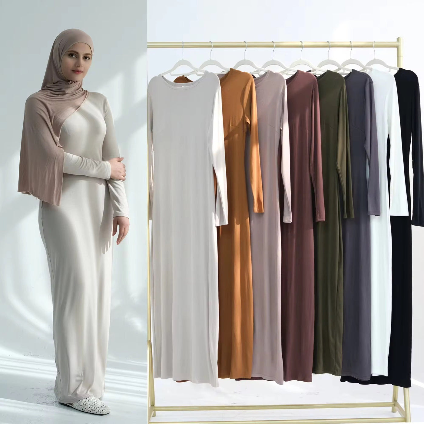 LM222 Modal Cotton Abaya Dress – Plain Solid, Long Sleeve Maxi; Optional Inner/Base Dress for Layering (Scarf Not Included)