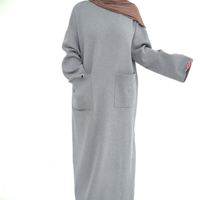 LM227 Winter Abaya with Pockets – Belted Long Sleeve Modest Dress