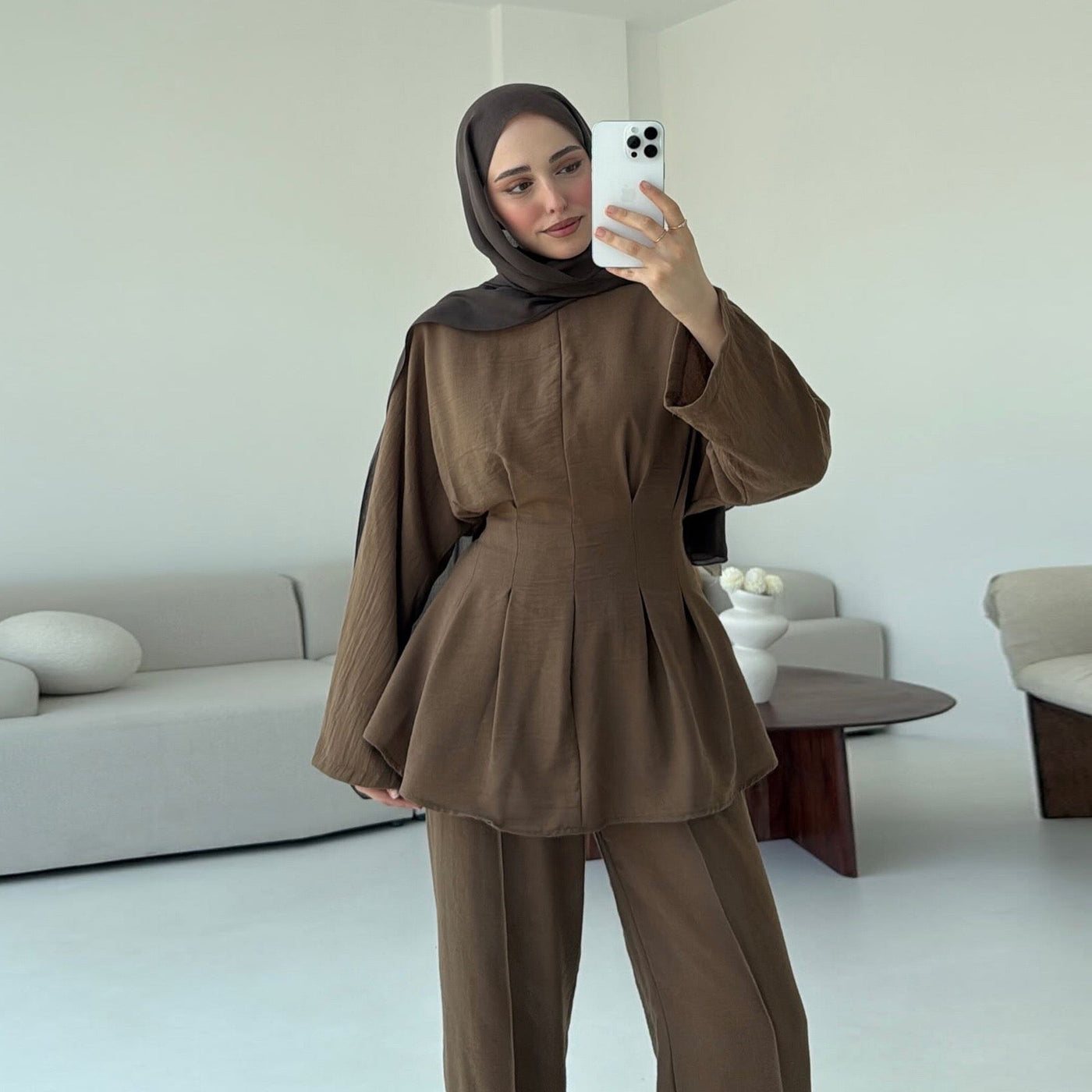 LM307 Ice Silk Two-Piece Set – Peplum Tunic & Wide Leg Pants Modest Outfit