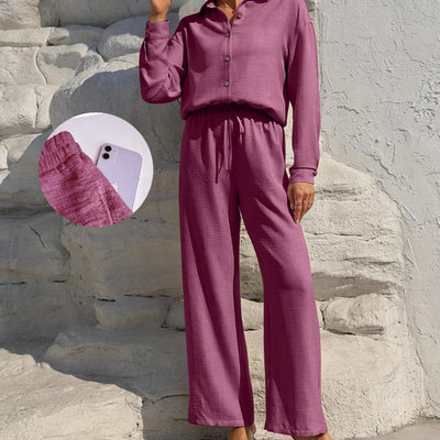 LM131 Women’s Solid Button Front Shirt& Tie Front Wide Leg Pants With Pocket Tow-piece Set