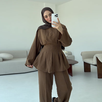 LM307 Ice Silk Two-Piece Set – Peplum Tunic & Wide Leg Pants Modest Outfit