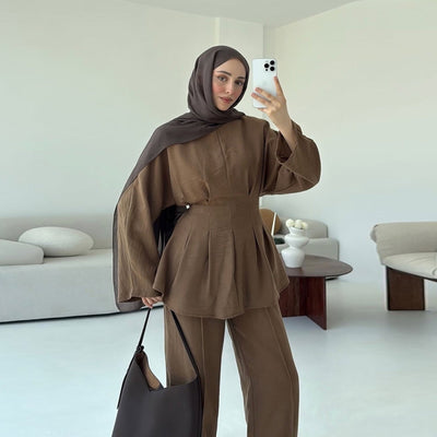 LM307 Ice Silk Two-Piece Set – Peplum Tunic & Wide Leg Pants Modest Outfit