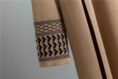 LM221 Abaya 3-Piece Set – Cardigan, Mock-Neck Top & Wide-Leg Pants with Geometric Jacquard Cuffs & Hem | Modest Winter Layering