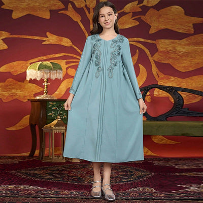 LM219 Girls Eid Dress – Embellished V-Neck, Long Sleeve Modest Party Gown (8–12Y)