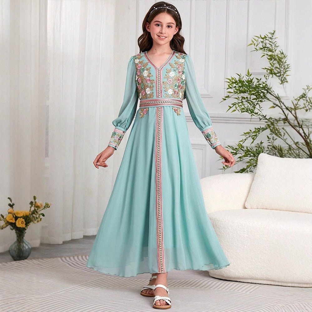 LM218 Girls Eid Dress – Embroidered V-Neck, Long Sleeve Modest Party Gown (8–12Y)