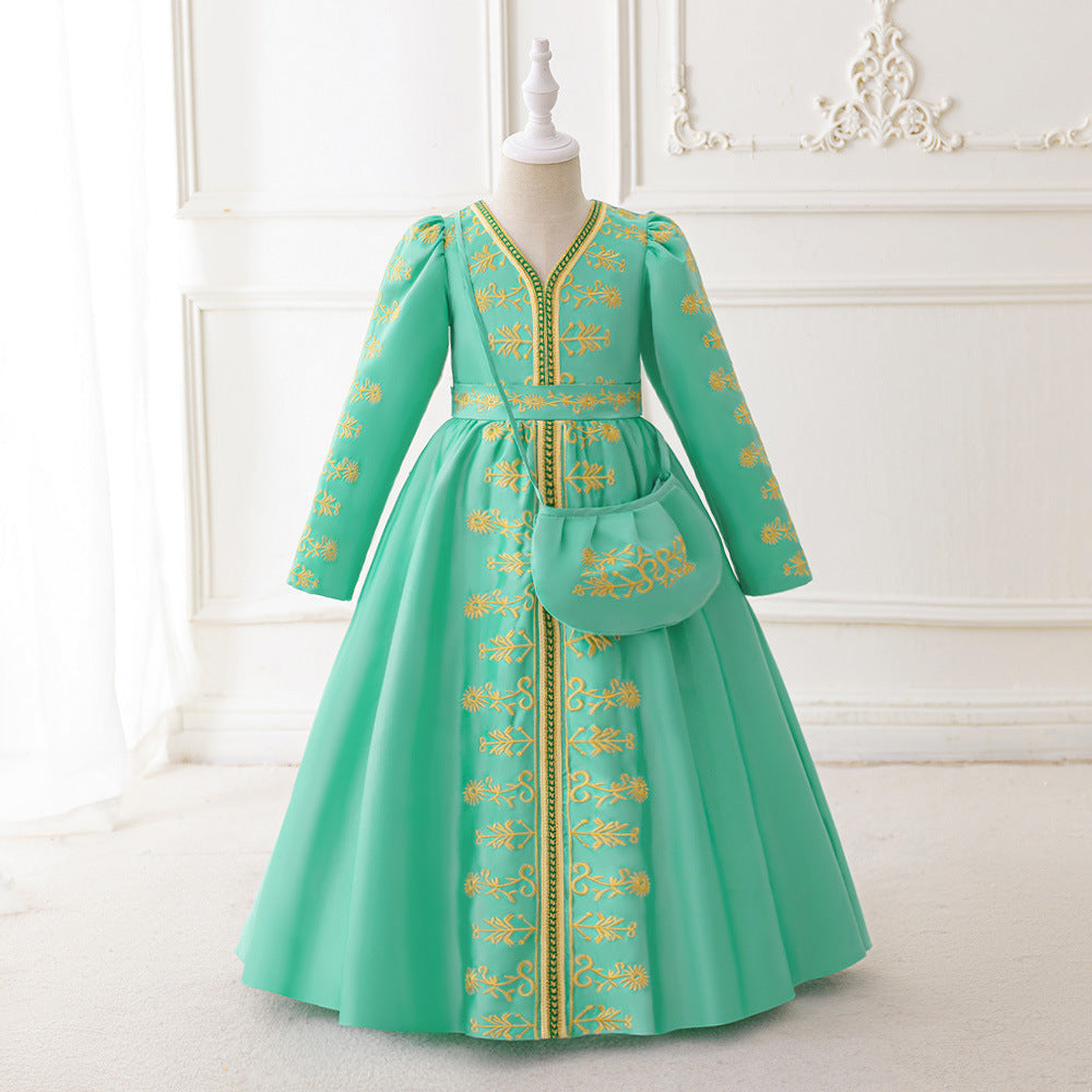 LM202 Girls Eid Dress – Long Sleeve Modest Muslim Party Gown, Embroidered, Full Length (4–7Y)