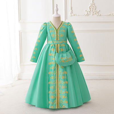LM202 Girls Eid Dress – Long Sleeve Modest Muslim Party Gown, Embroidered, Full Length (4–7Y)