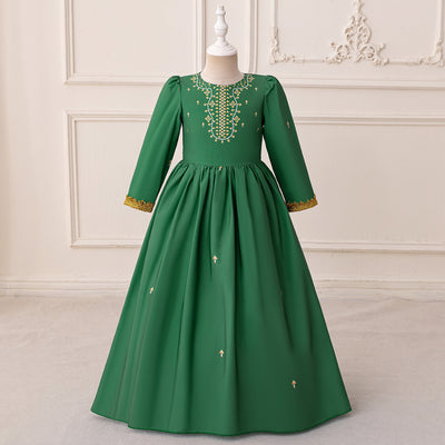 LM208 Girls Eid Dress – Long Sleeve Modest Muslim Party Gown, Embroidered, Full Length (4–7Y)