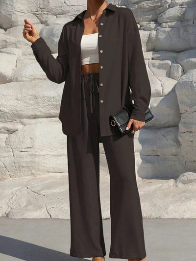 LM131 Women’s Solid Button Front Shirt& Tie Front Wide Leg Pants With Pocket Tow-piece Set