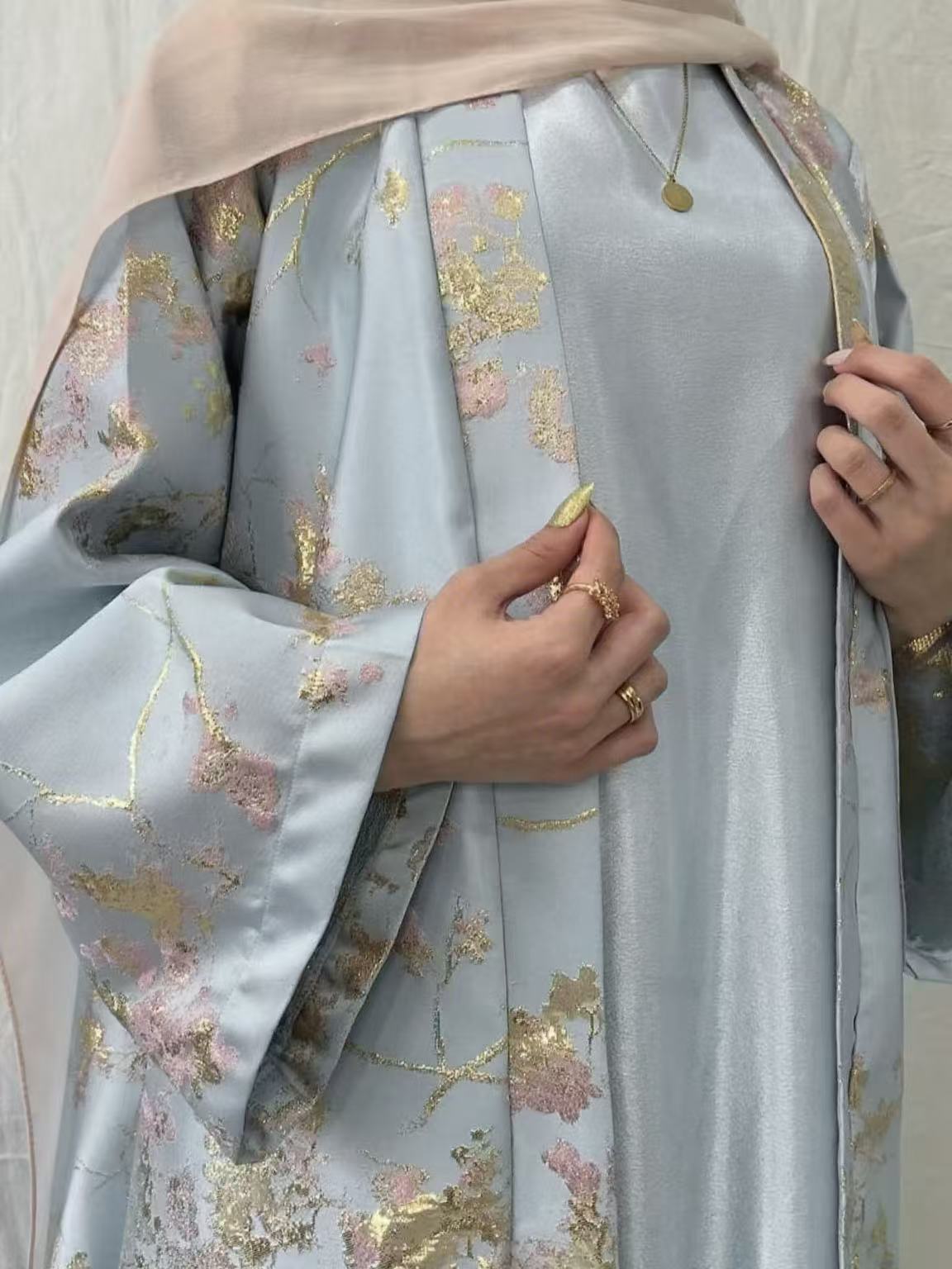LM178 Sakura Pink Kimono Abaya Dress – Embroidered Modest Wear for Eid & Weddings