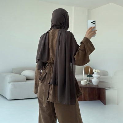 LM307 Ice Silk Two-Piece Set – Peplum Tunic & Wide Leg Pants Modest Outfit