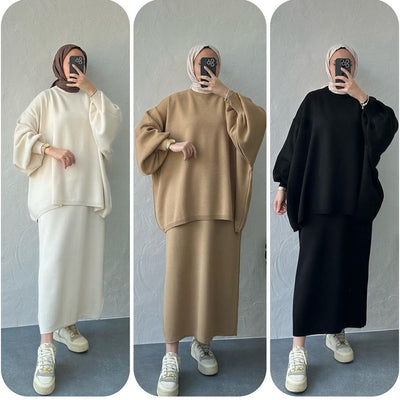 LM224 Winter Knit Modest Set – 2-Piece Co-ord (Long-Sleeve Top + Maxi Knit Skirt) | Hijab-Friendly, Opaque & Warm