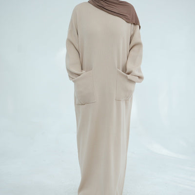 LM227 Winter Abaya with Pockets – Belted Long Sleeve Modest Dress