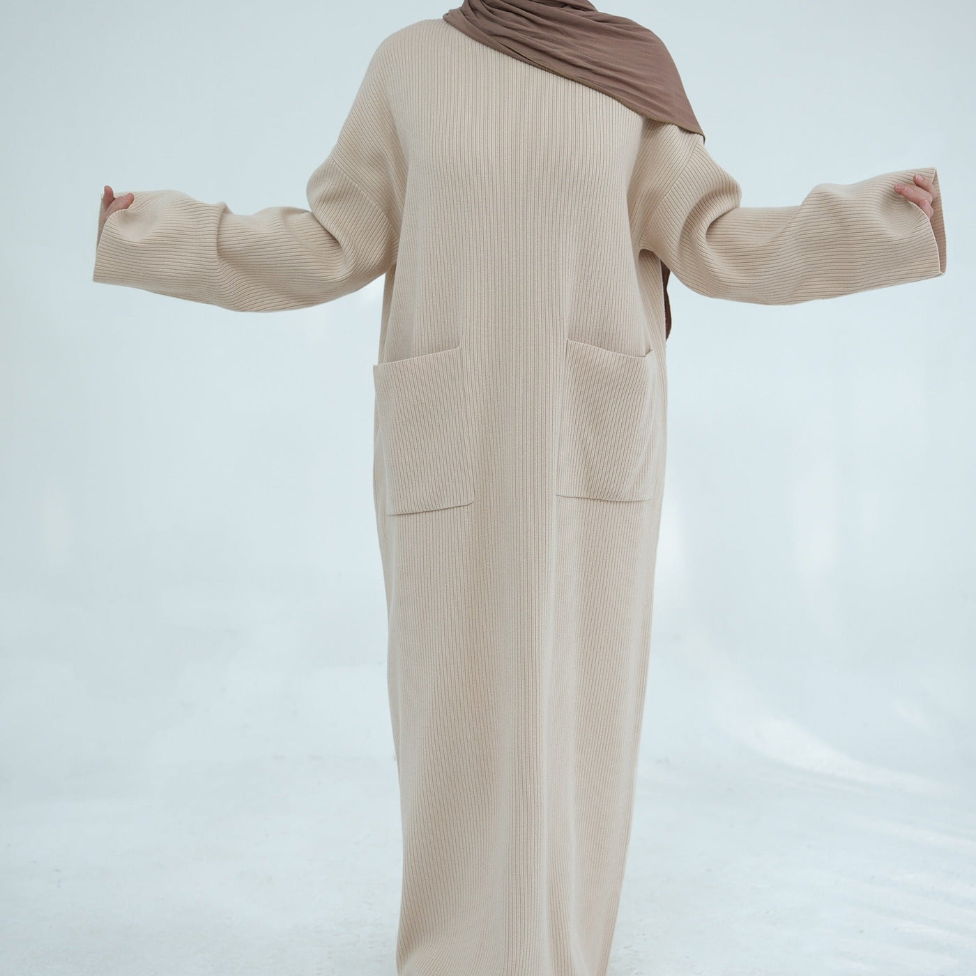 LM227 Winter Abaya with Pockets – Belted Long Sleeve Modest Dress