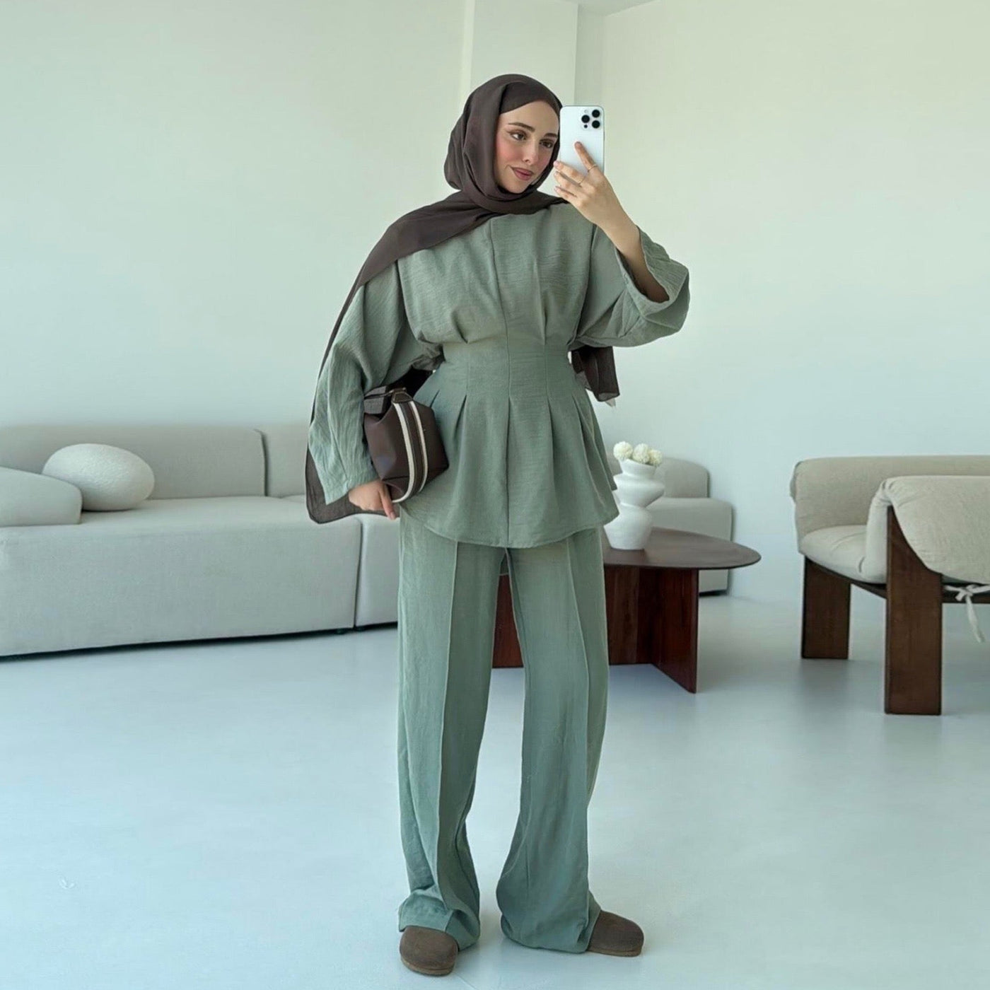 LM307 Ice Silk Two-Piece Set – Peplum Tunic & Wide Leg Pants Modest Outfit