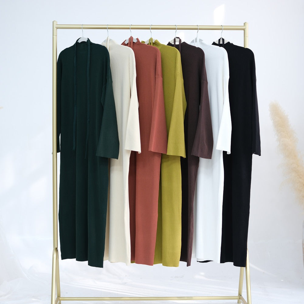 LM302 Ribbed Winter Abaya with Belt – Long Sleeve Modest Dress for Women