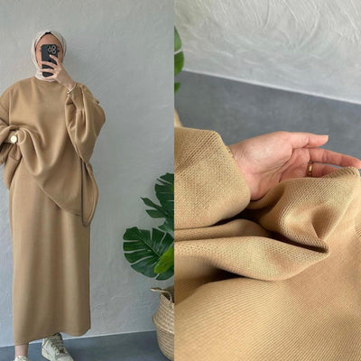 LM224 Winter Knit Modest Set – 2-Piece Co-ord (Long-Sleeve Top + Maxi Knit Skirt) | Hijab-Friendly, Opaque & Warm