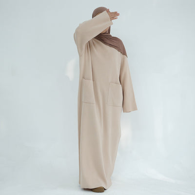 LM227 Winter Abaya with Pockets – Belted Long Sleeve Modest Dress