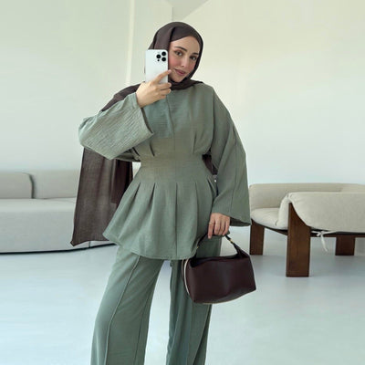 LM307 Ice Silk Two-Piece Set – Peplum Tunic & Wide Leg Pants Modest Outfit