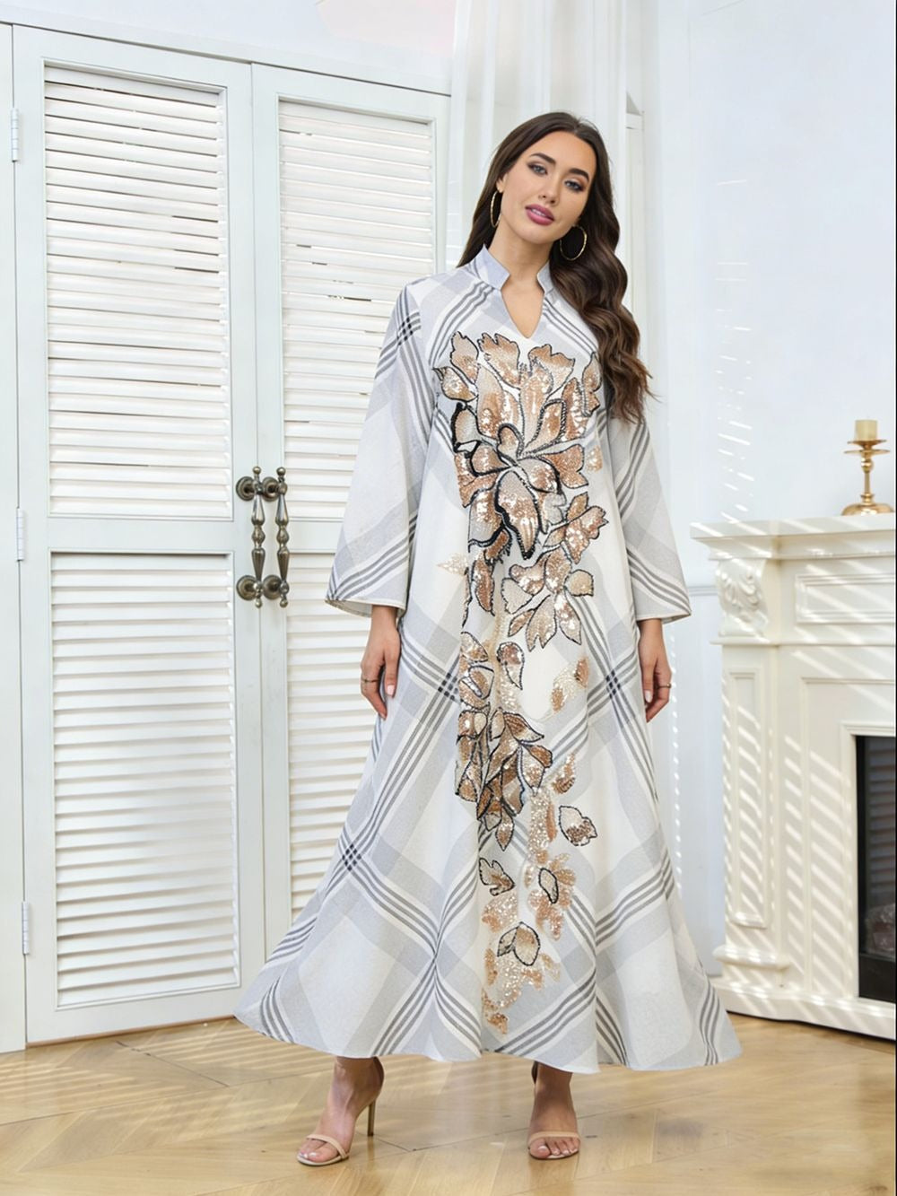 LM354 Plaid Sequin Abaya Dress