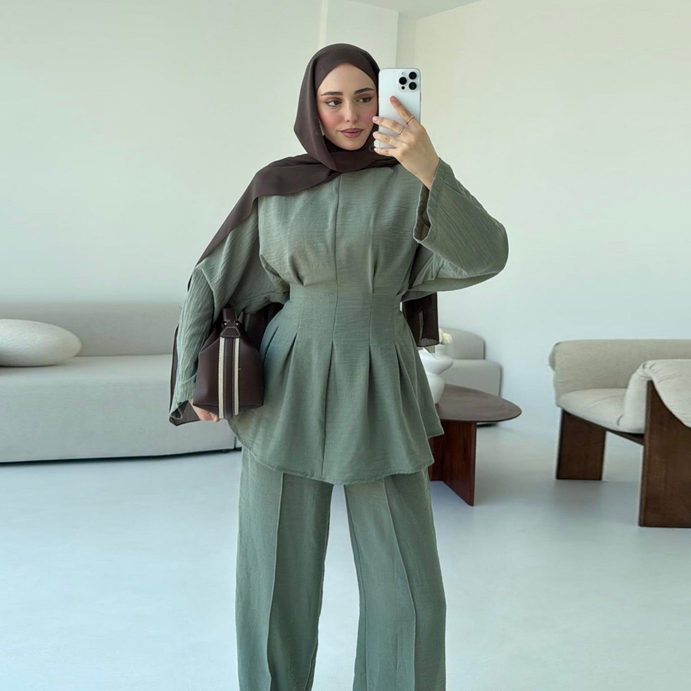 LM307 Ice Silk Two-Piece Set – Peplum Tunic & Wide Leg Pants Modest Outfit