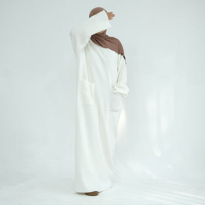 LM227 Winter Abaya with Pockets – Belted Long Sleeve Modest Dress