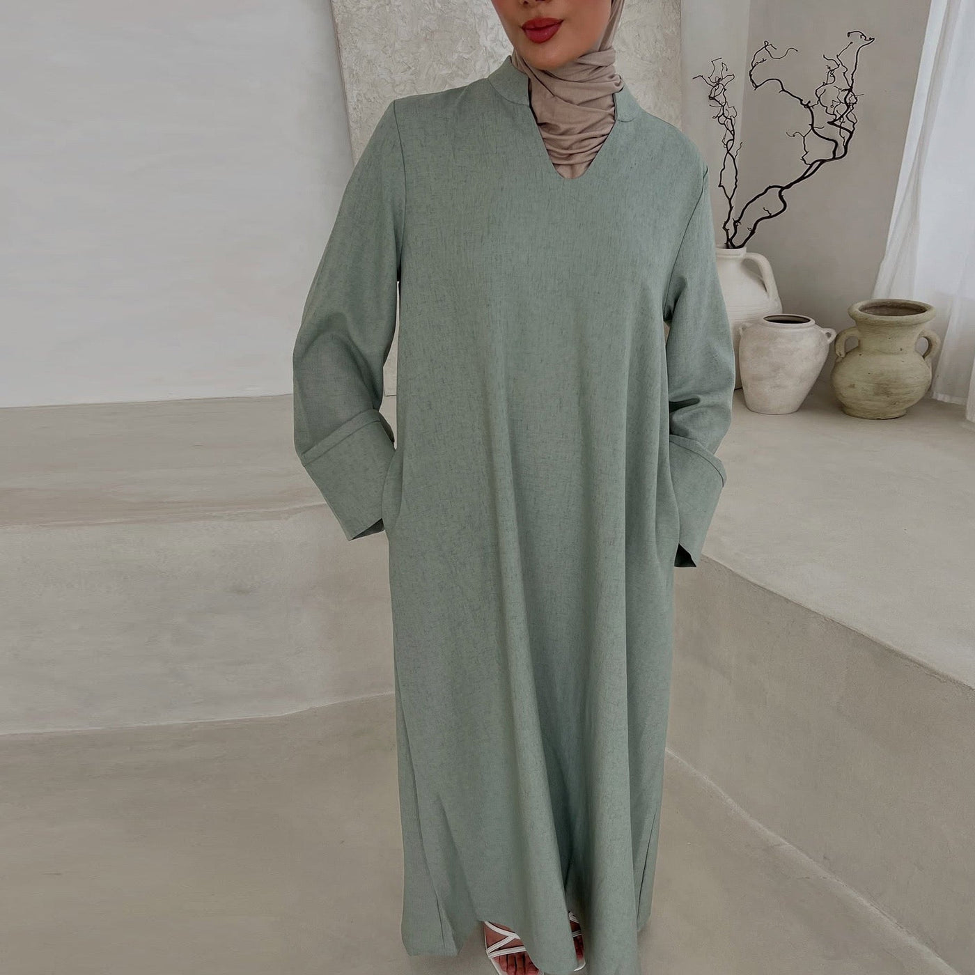 LM308 Abaya Dress with Pockets – Long Sleeve Maxi with Wide Cuffs