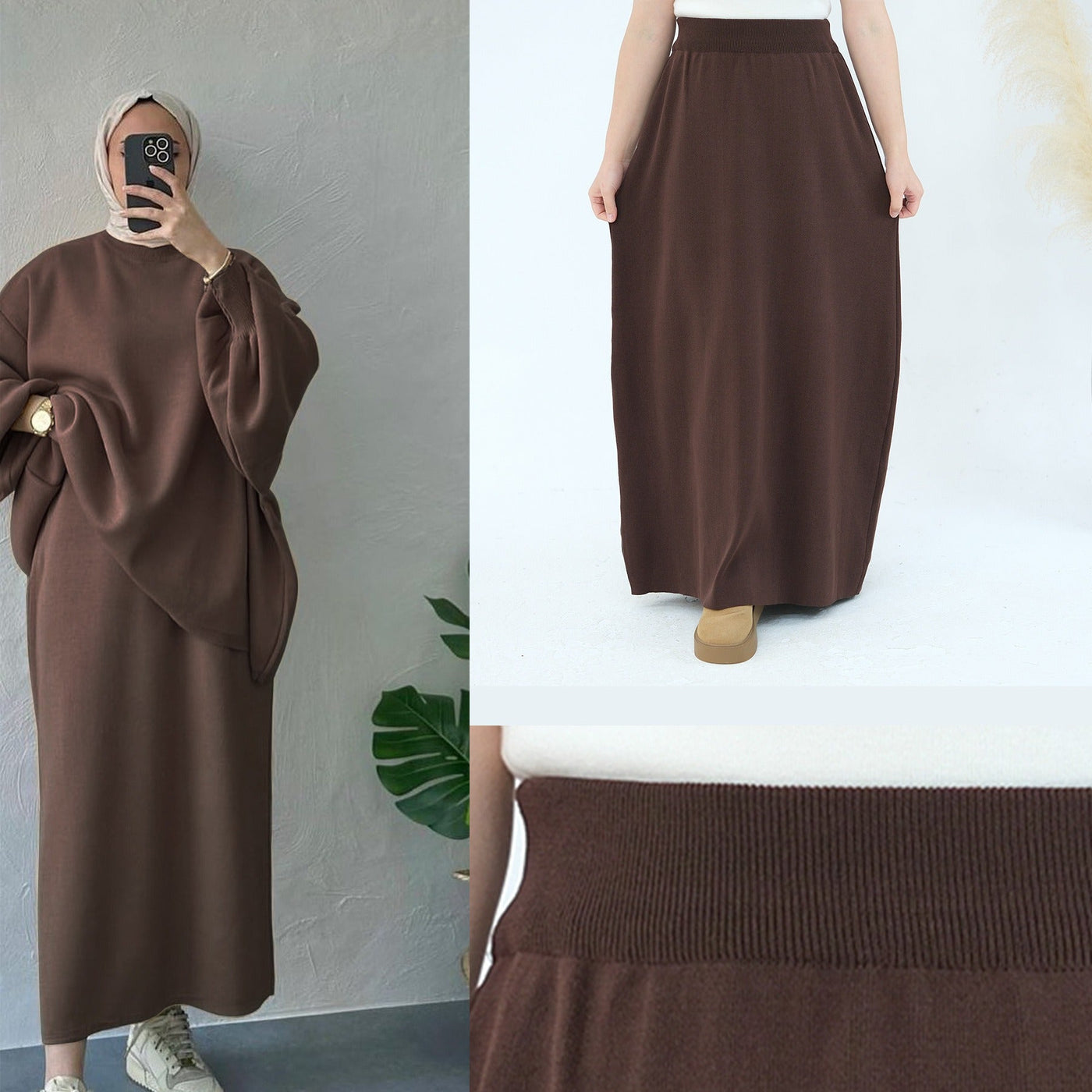 LM224 Winter Knit Modest Set – 2-Piece Co-ord (Long-Sleeve Top + Maxi Knit Skirt) | Hijab-Friendly, Opaque & Warm