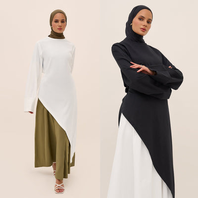 LM306 Cotton Linen Two-Piece Set – Asymmetric Top & Maxi Skirt Modest Outfit