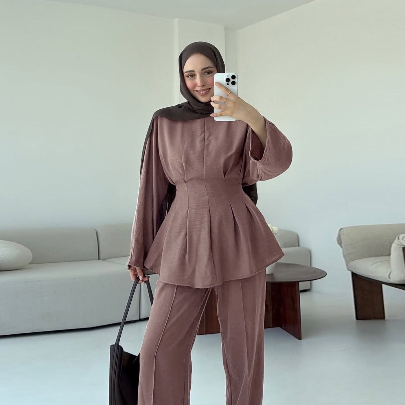 LM307 Ice Silk Two-Piece Set – Peplum Tunic & Wide Leg Pants Modest Outfit