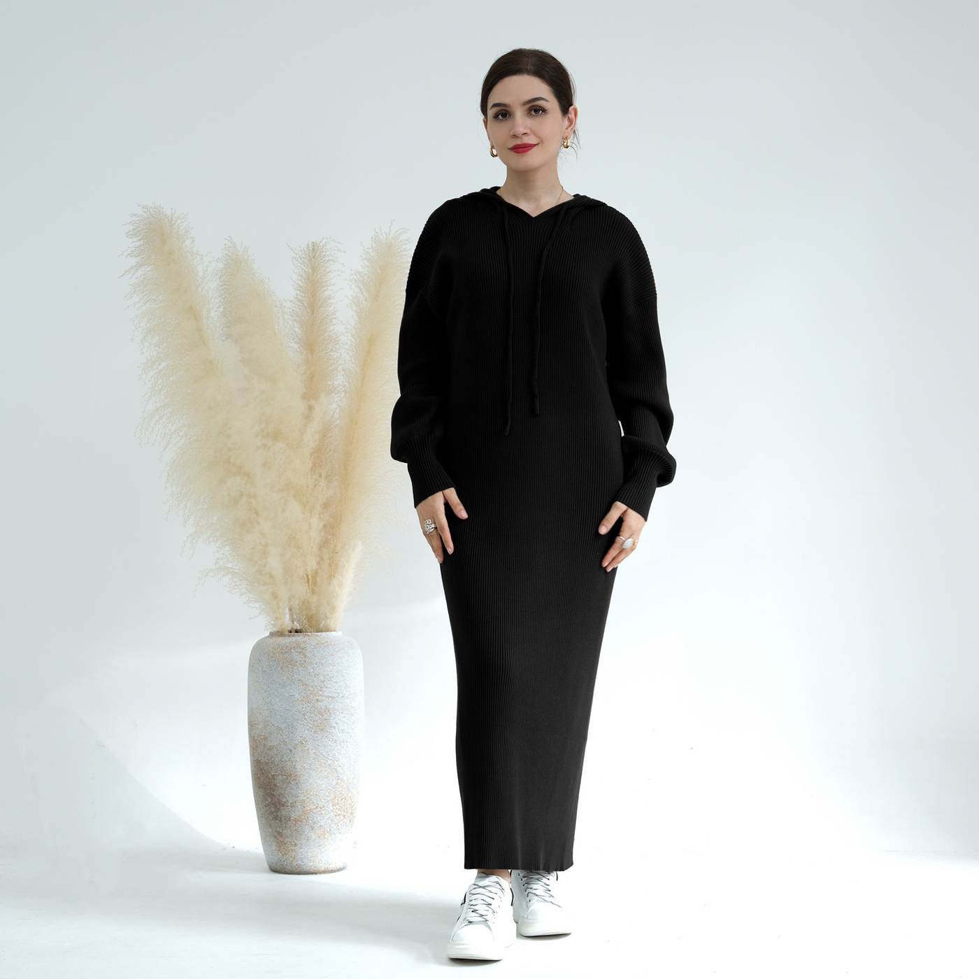 LM228 Hooded Abaya for Women – Thick-Knit Oversized Sweater Dress